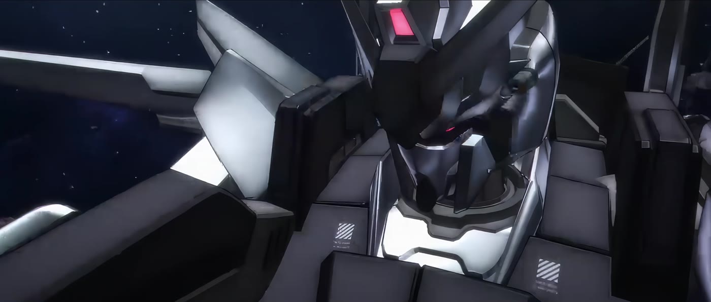 Gros plan sur la tête d’un mobile suit