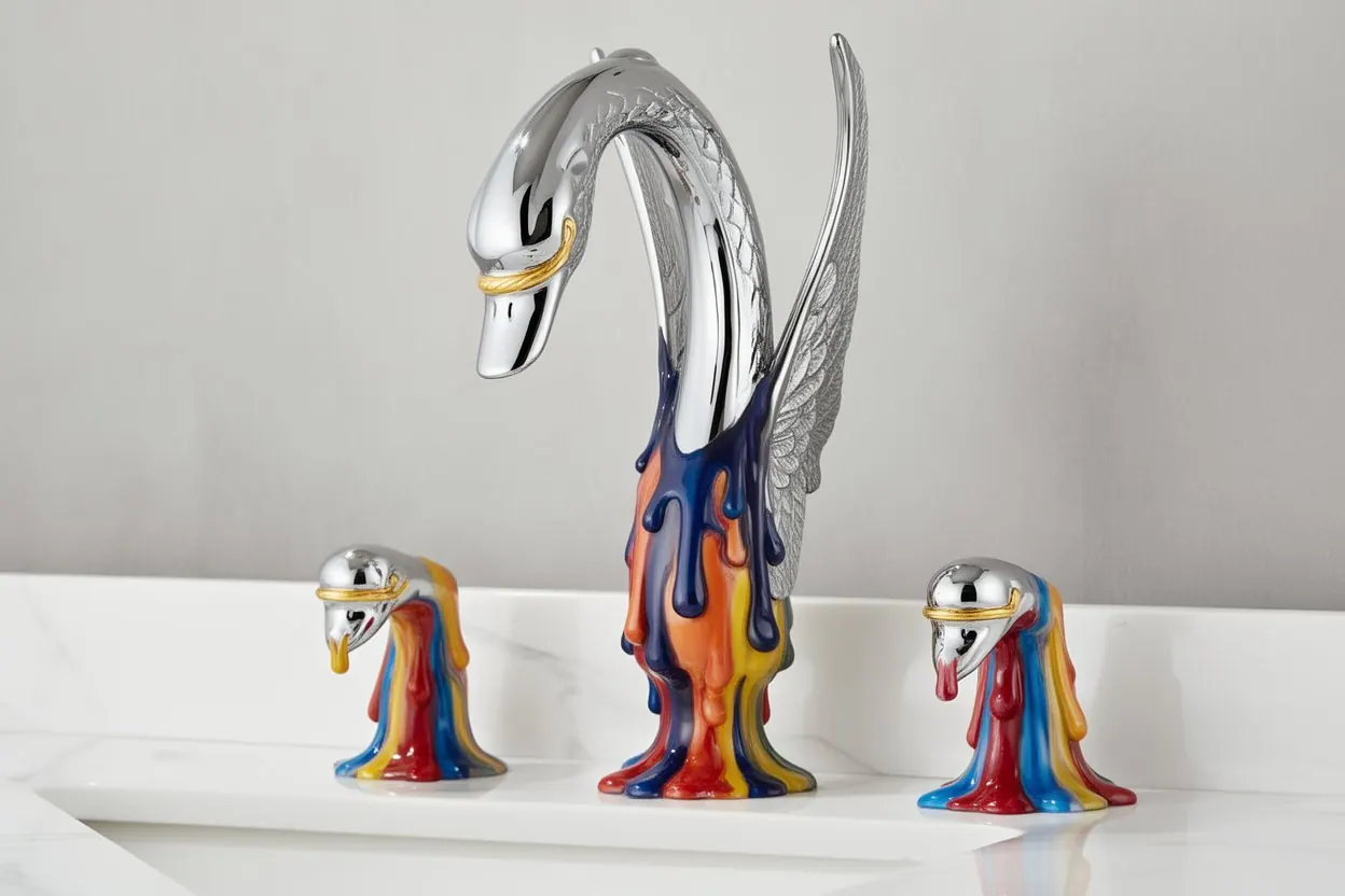 Swan-shaped tap, chrome and colourful