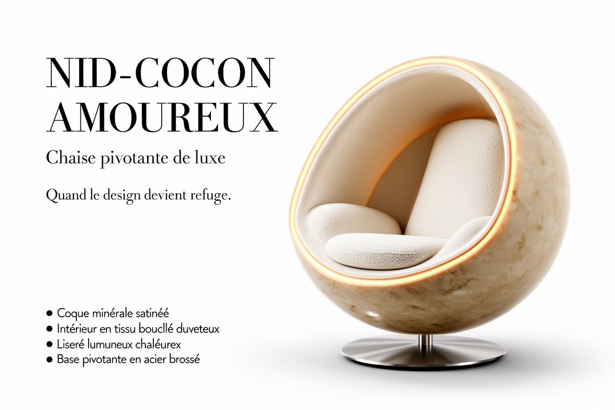 Fauteuil ovoïde en pierre claire, planche de présentation