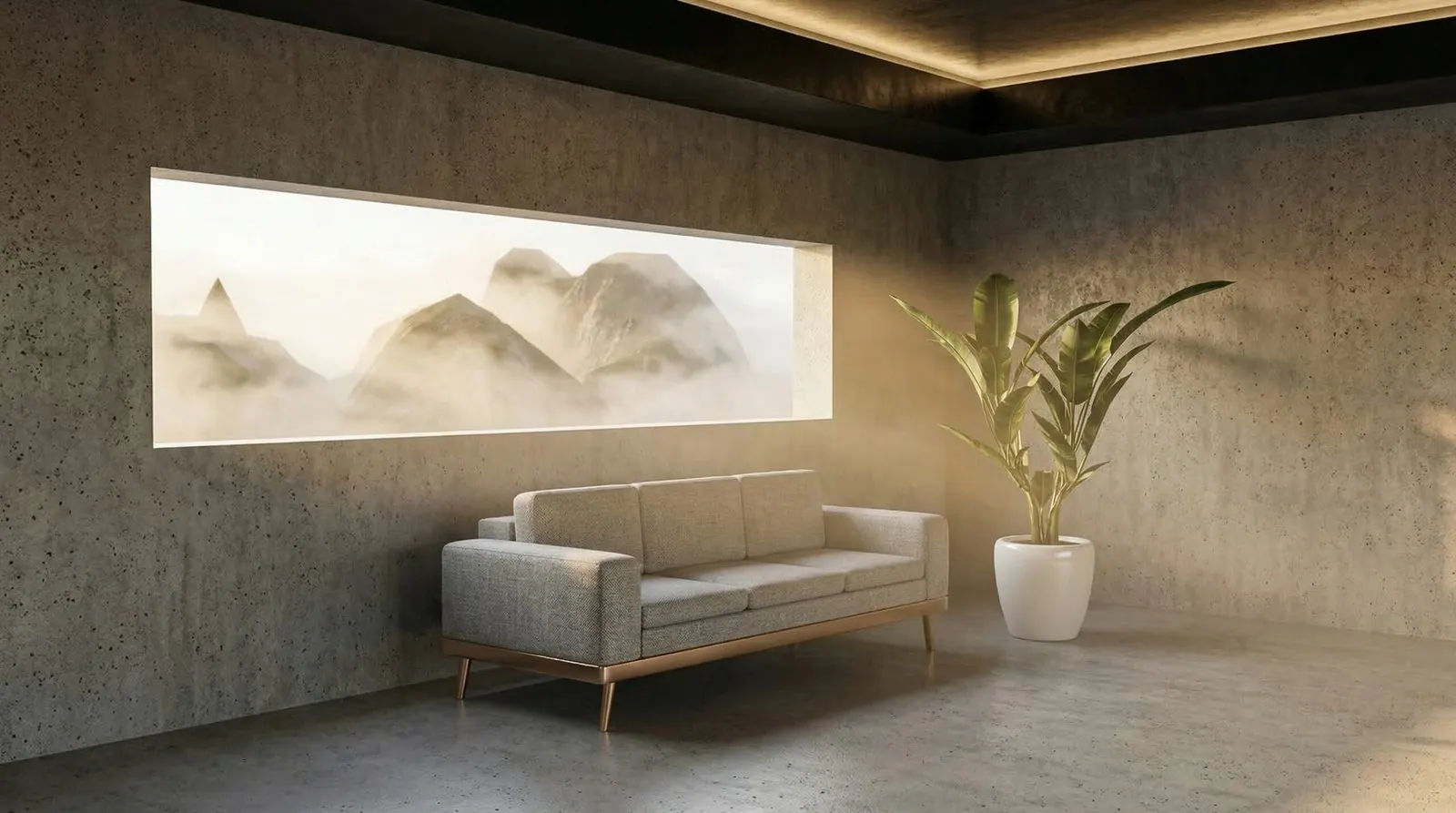 Concrete interior with a sofa and a large picture window