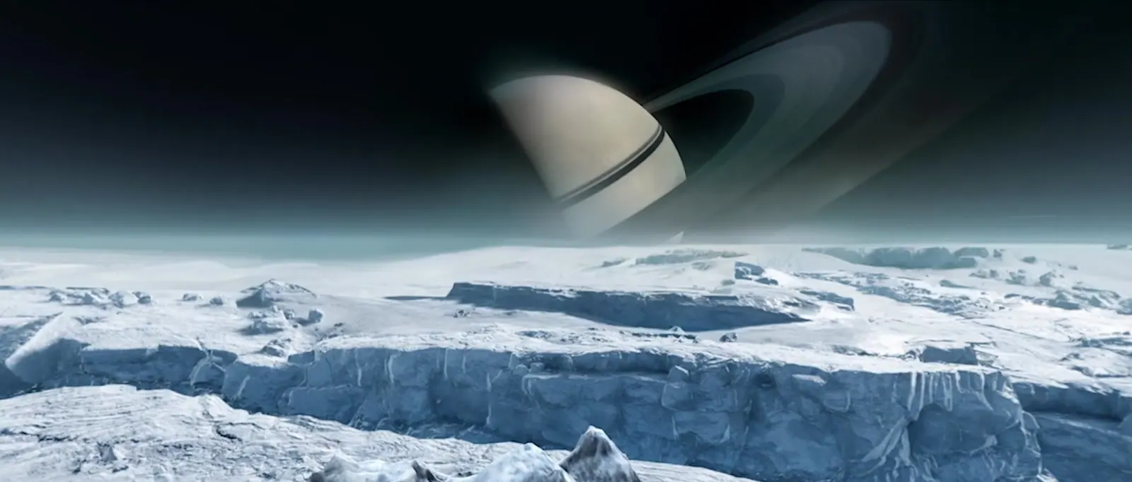 Ice field under a ringed planet