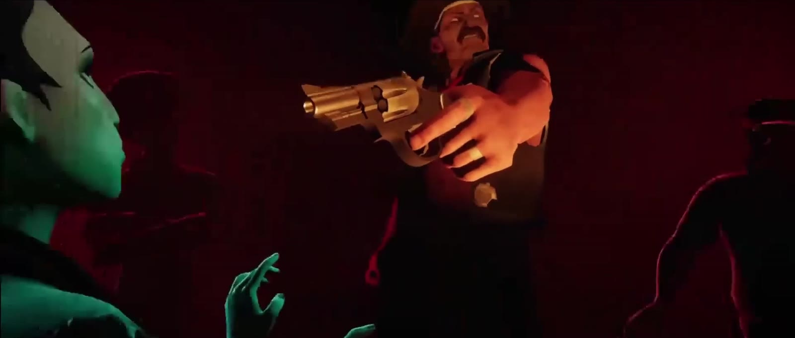 Un personnage braque un revolver dans une lumière rouge