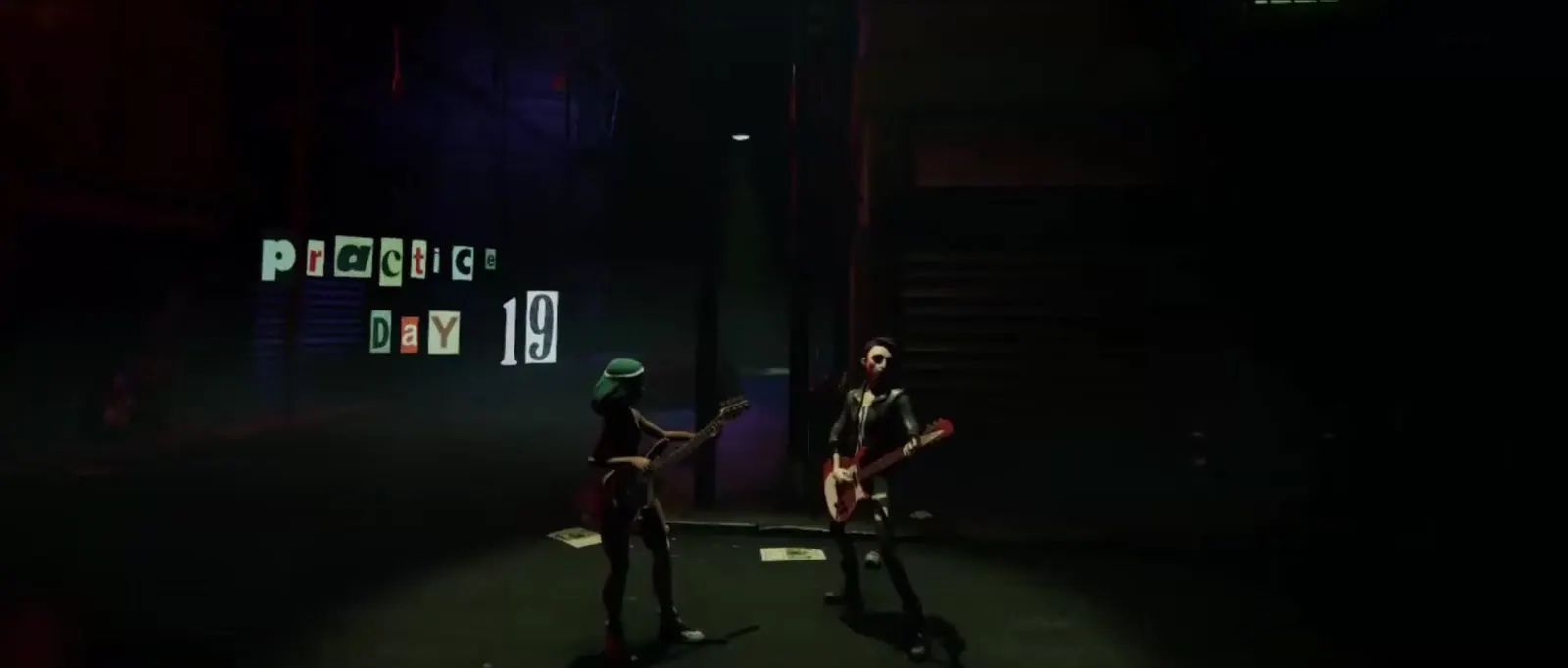 Two musicians on a dark stage