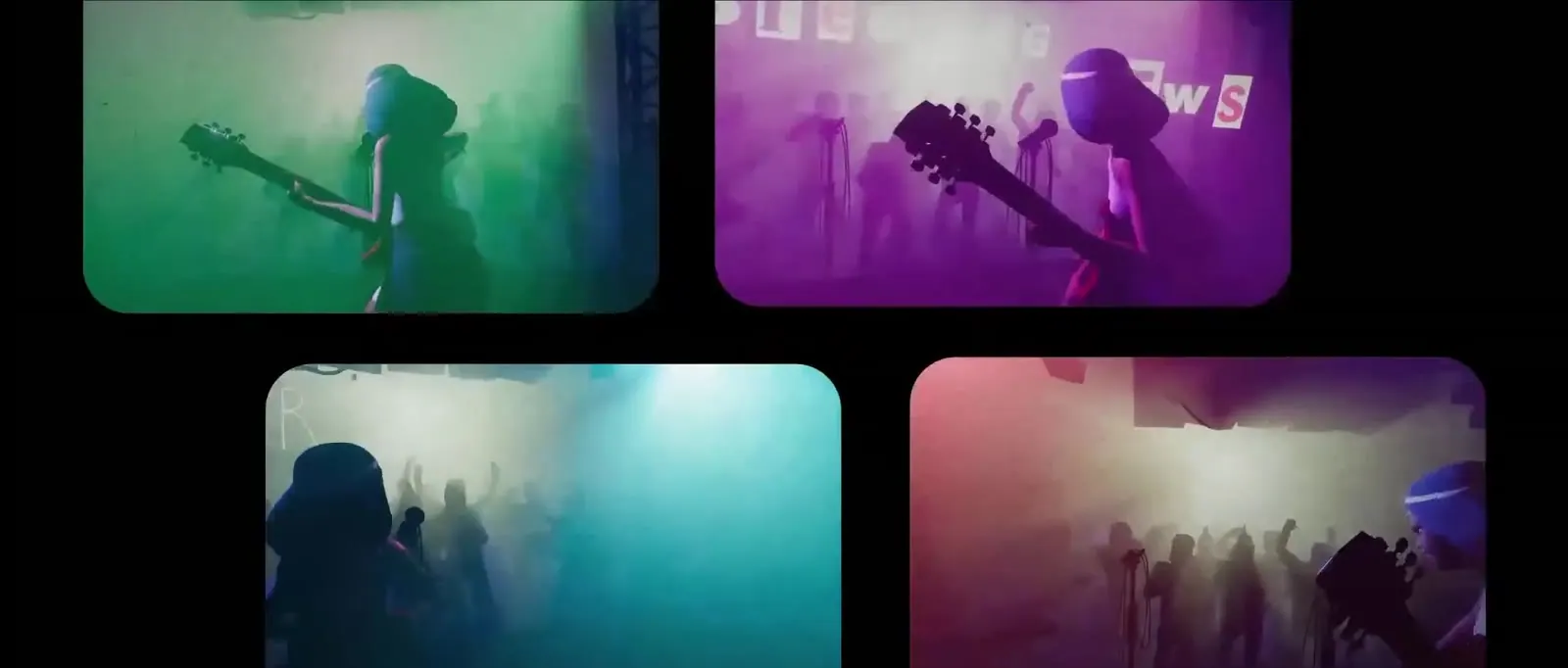 Four concert thumbnails, green and pink