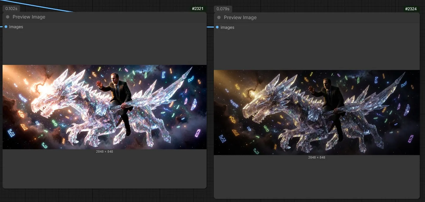ACES and SDR preview of a shot: a man on a crystal dragon