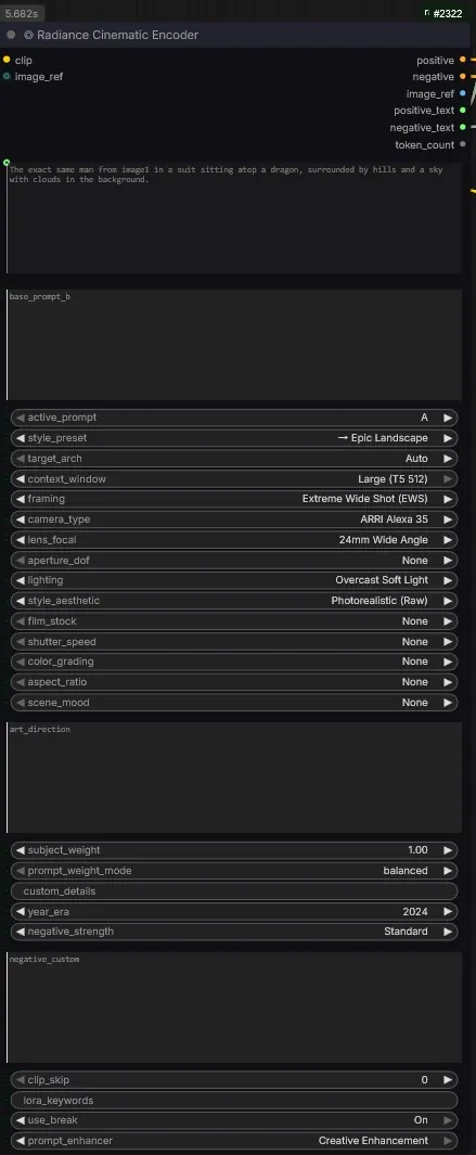 Radiance Cinematic Encoder node: camera, lens, style