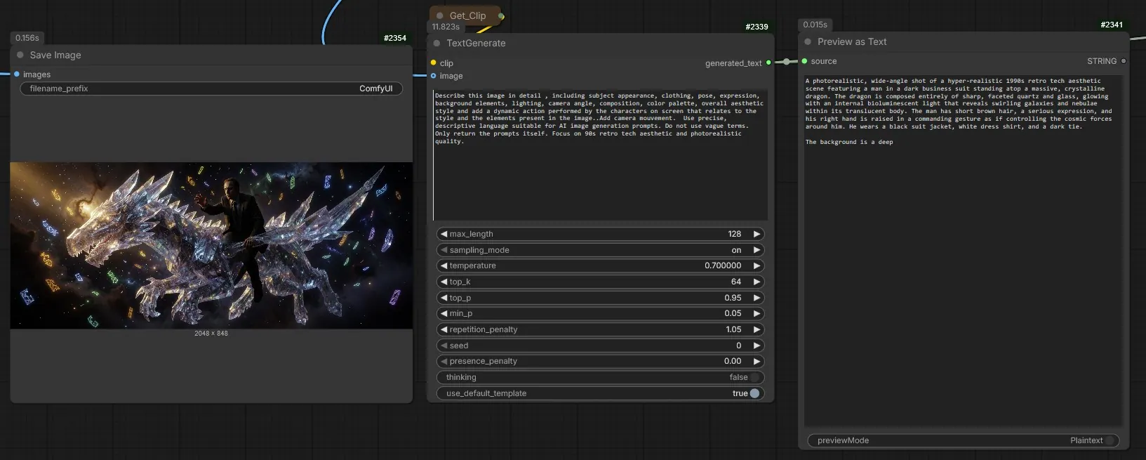 ComfyUI graph of image analysis and the video prompt