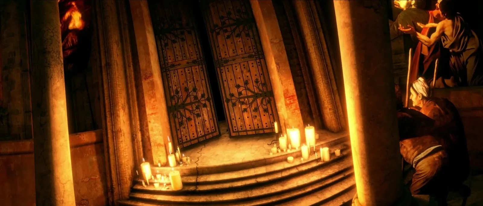 Carved doors lit by candlelight