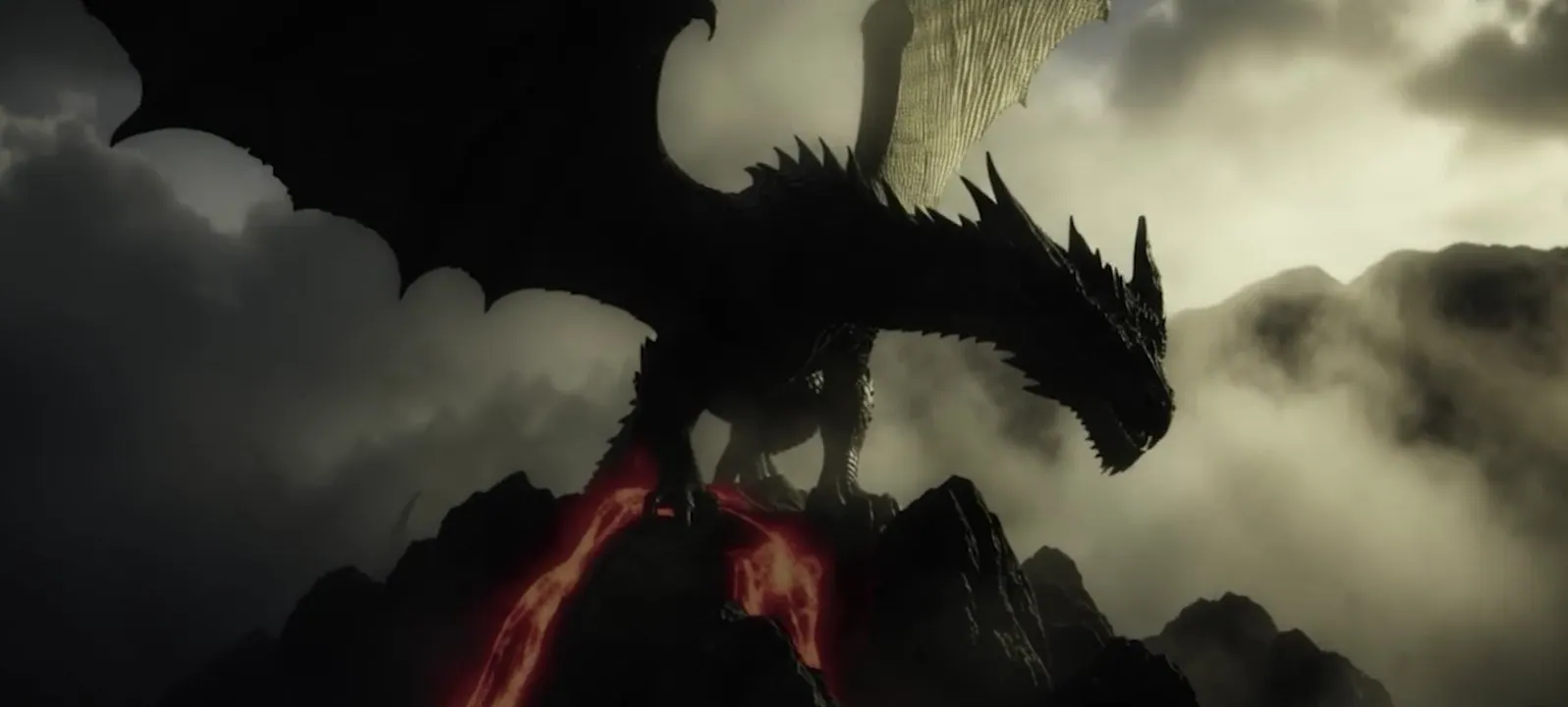 The dragon in the smoke, lava at its feet
