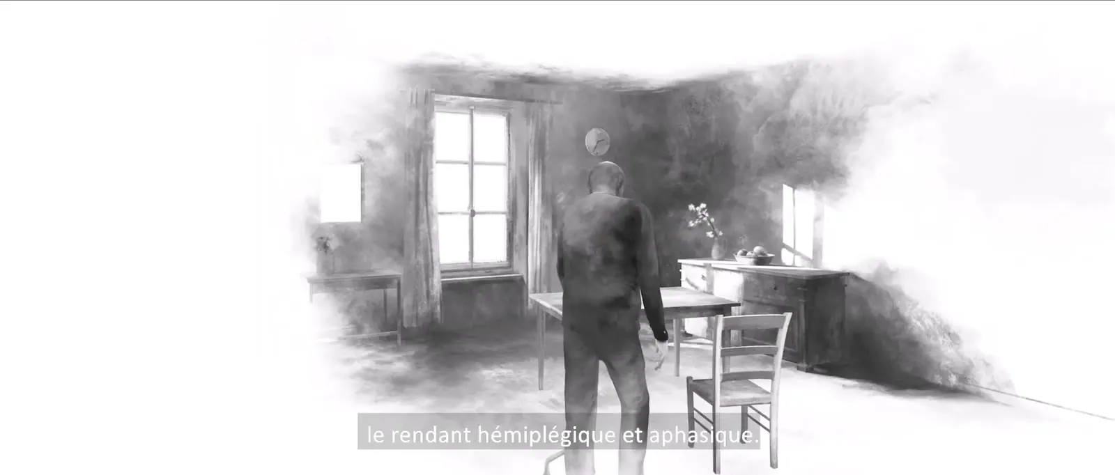 Ink-drawn interior, a silhouette by a window