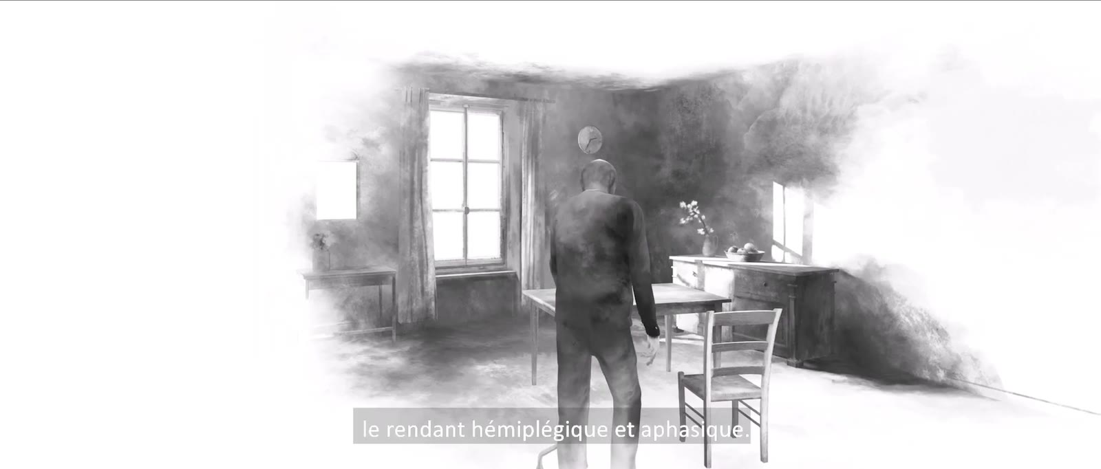 Intérieur dessiné à l’encre, une silhouette près d’une fenêtre