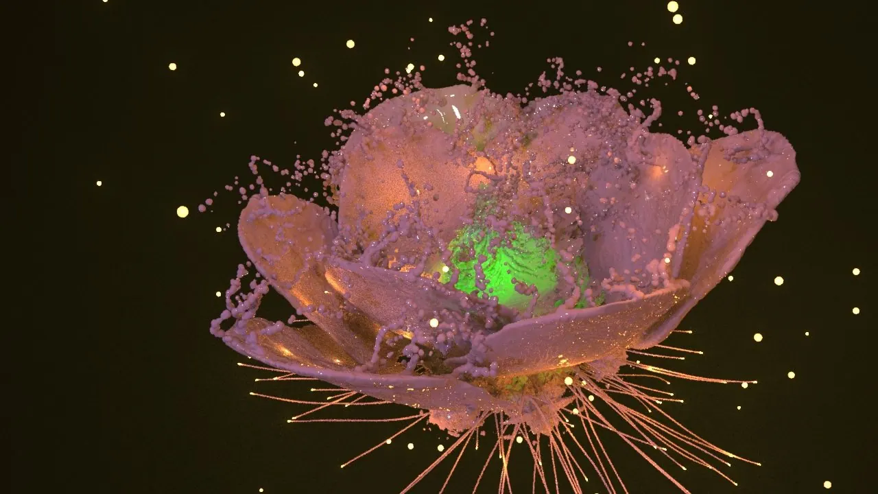 The open flower, surrounded by particles