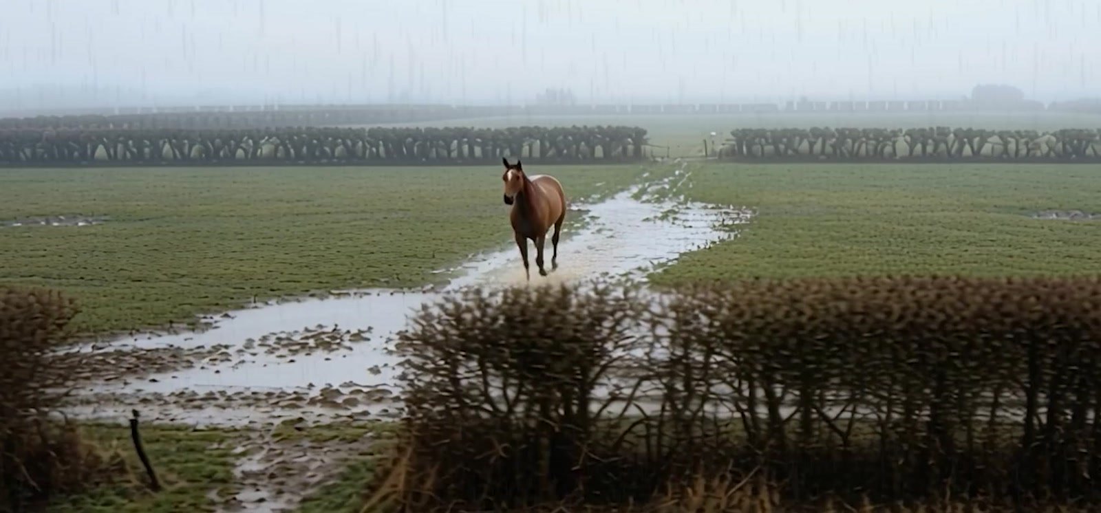 Un cheval au milieu d’un champ inondé