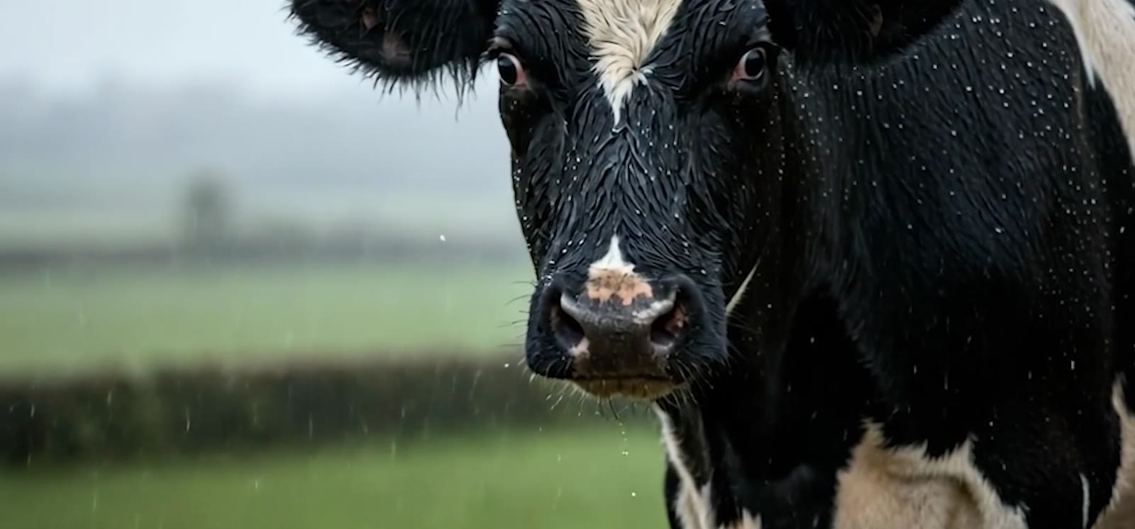 Gros plan sur une vache sous la pluie