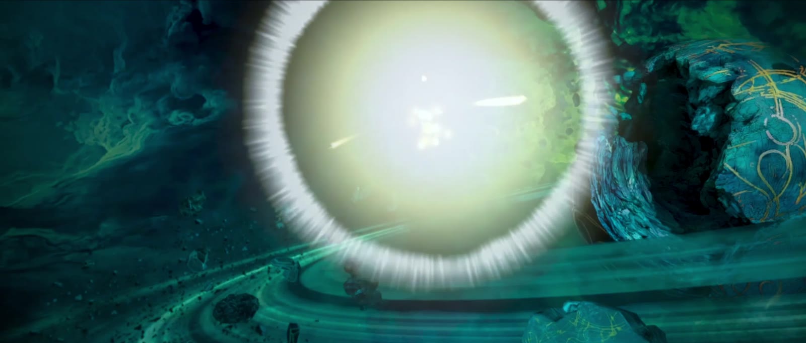 Une sphère de lumière au centre d’un décor turquoise