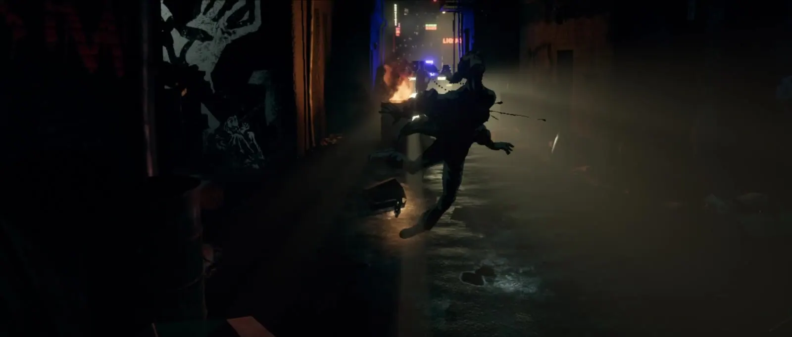 A silhouette running down a dark street