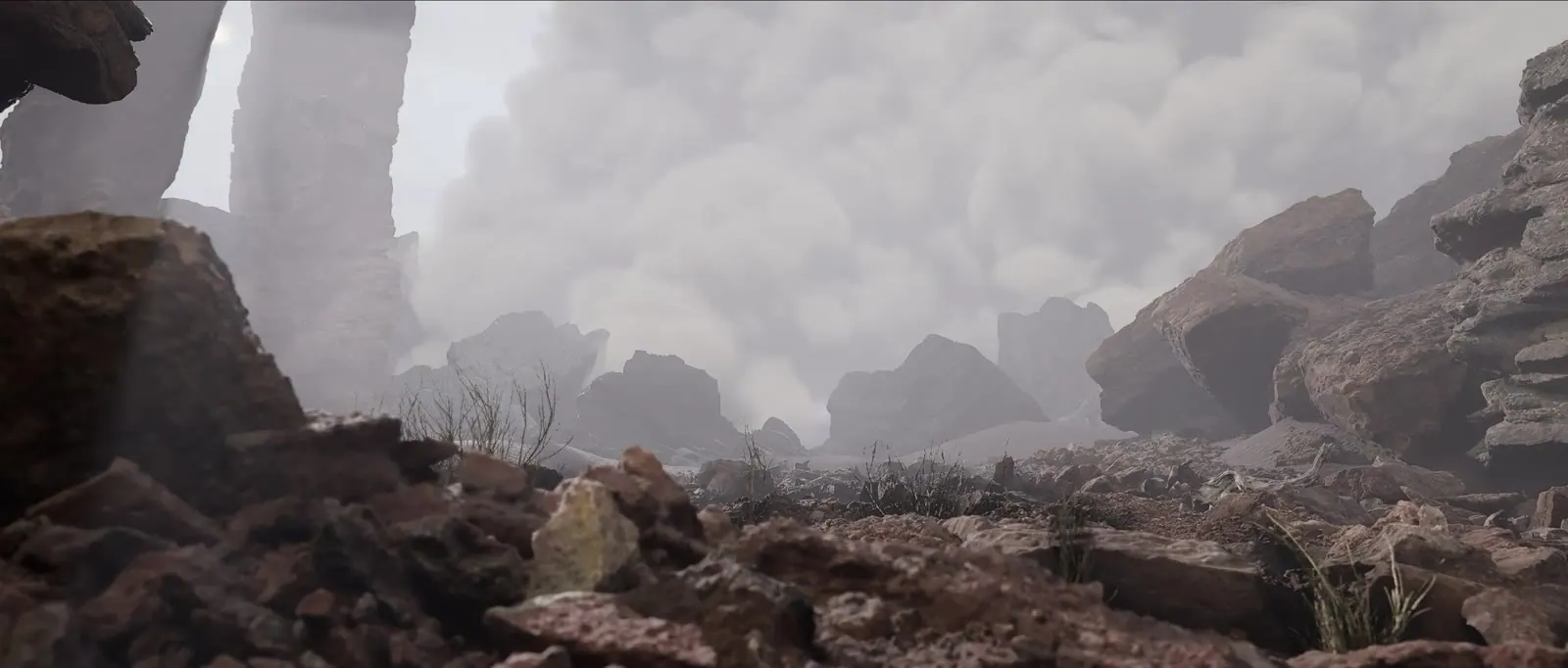 Rocky landscape under volumetric clouds