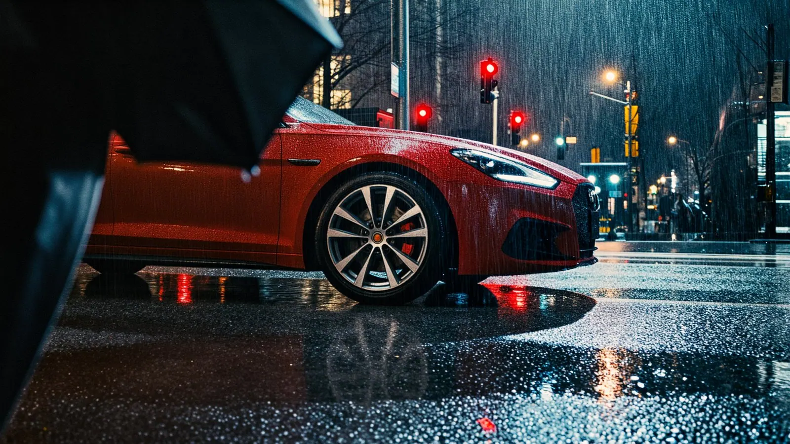 Red sports car in the rain, at night